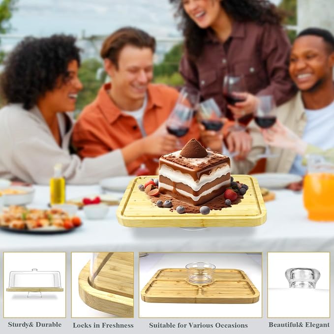 cutesun Bamboo Cake Stand with Lid - Rectangular Cake Holder, 16'' 2-in-1 Dessert Table Display Set & Charcuterie Board for Cheese, Chips, Fruit Platter, Large/big Acrylic Cake Dome Cover, Natural