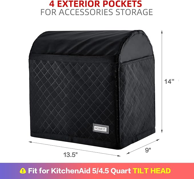 HOMEST Stand Quilted Mixer Cover with Zip Pocket for Kitchen Accessories | Fits KitchenAid 5/4.5 quart mixers, zipper pocket stores attachments and kitchen accessories, Black