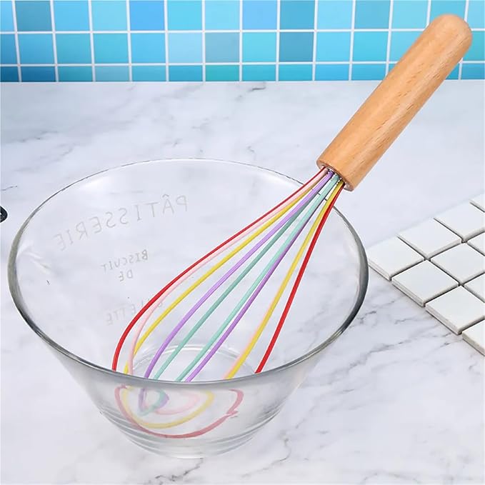 Silicone Egg Beater Manual Coil Whisk with Wooden Handle Cream Mixer Kitchen Baking Tool(Black)