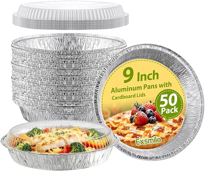 50 Pack 9 Inch Round Aluminum Pans with Plastic Clear Dome Lids - Disposable Tin Foil Pans, Food Containers for Cake Baking, Cooking, Reheating, Roasting, Storage