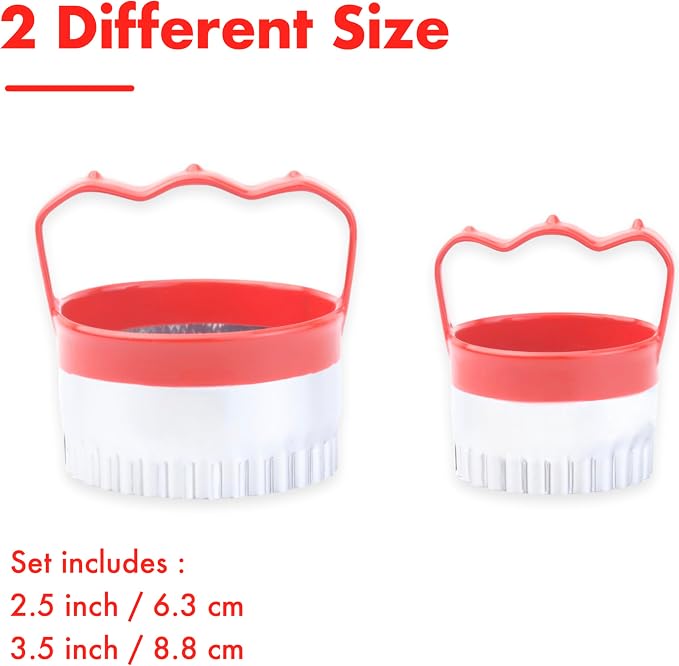 2 Pcs Fluted Round Cookie Cutters with Handle 2.5" 3.5", Scalloped Biscuit Cookie Cutter Set with Comfortable Red Silicone Handles, Durable Stainless Steel, 2-Inch Deep Cutters