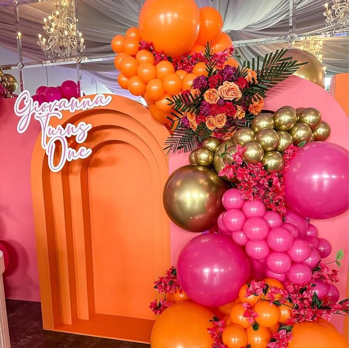 Pink and Orange Balloons Garland Arch Kit, 154pcs Hot Pink Light Pink Orange Metallic Gold and Confetti Latex Balloons for Summer Tropical Birthday Baby Shower Wedding Party Decorations
