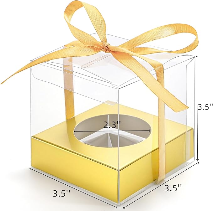 Cididu 48 PCS Clear Plastic Cupcake Boxes, 3.5 Inches Individual Cupcake Holder with Beige Ribbons Inserts, Disposable Single Ornament Gift Box Containers for Mother's Day Wedding Baby Shower Party
