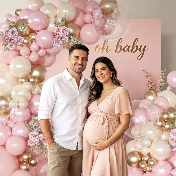 Pink and Gold Balloon Garland Arch Kit 126Pcs Pastel Light Baby Pearl Pink and Sand White Balloons for Boho Birthday Baby Shower Bridal Shower Wedding Party Decorations