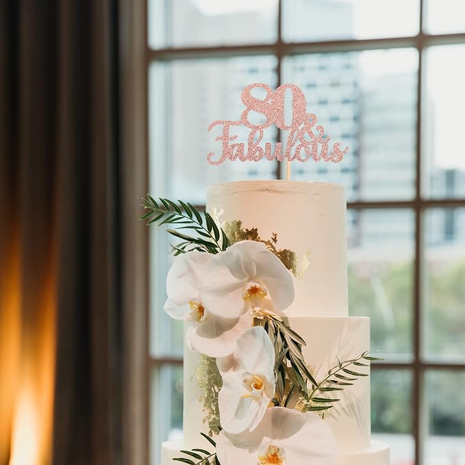 1 PCS 80 & Fabulous Cake Topper Glitter Eighty and Fabulous Cake Toppers Happy 80th Birthday Cake Pick for 80th Wedding Anniversary Birthday Party Cake Decorations Supplies Rose Gold