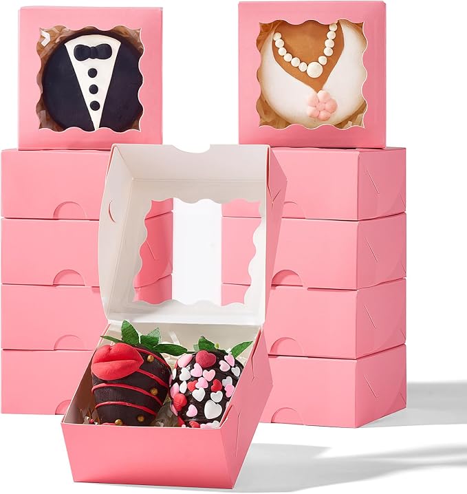 50PCS 3¼" x 3 ¼" x 1 ½" Pink Bakery Boxes with Window - Small Pastry Gift Boxes for Cookies Macarons Truffles Valentine's Day Wedding Birthday Party Favor