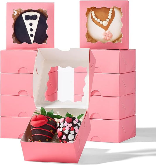 50PCS 3¼" x 3 ¼" x 1 ½" Pink Bakery Boxes with Window - Small Pastry Gift Boxes for Cookies Macarons Truffles Valentine's Day Wedding Birthday Party Favor