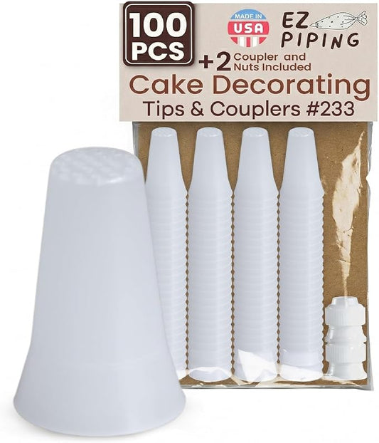 Reusable Plastic Piping Tips Standard Size Grass Tip #233 100 Pack with 2 Couplers Grass Tip Icing Nozzle for Cake Decoration, Dessert, Baking Supplies & Piping Bags Base Ø 0.75"Height 1.25"