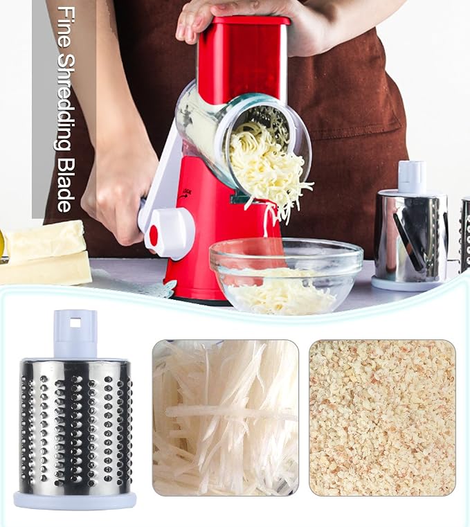 Ourokhome Rotary Cheese Grater Shredder and Pastry Dough Bench Scraper Knife, with Vegetable Peeler and Cleaning Brush (Red)