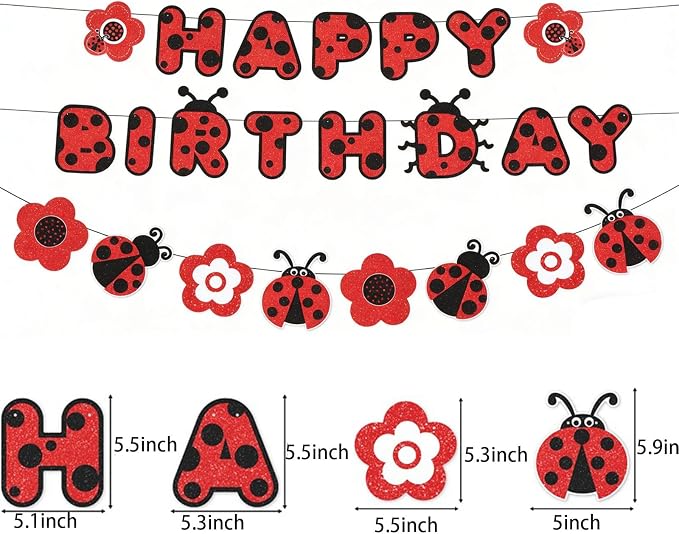 Zwiebeco Red Black Ladybug Happy Birthday Banner Bunting Hanging Paper Garland Party Decorations for Boys Girls Kids Baby Shower Insect Ladybird Themed Spring Garden Bday Decor Accessories Supplies