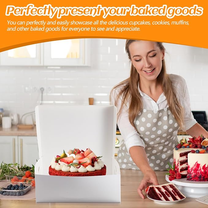 Ireer 50 Pack 14 x 10 x 3.5 Inch White Cake Boxes Cardboard Bakery Boxes for Pie Pastry Cookie