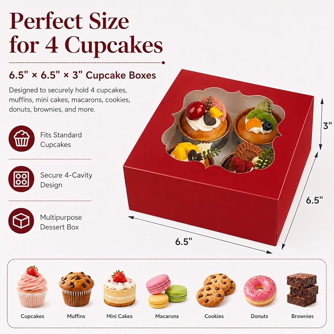 Cupcake Boxes with Window, 20 Pack 6.5x6.5x3 Inch Bakery Boxes for 4 Cupcakes, Muffins, Cookies & Pastries, Disposable Dessert Boxes with Insert Holder (Red)