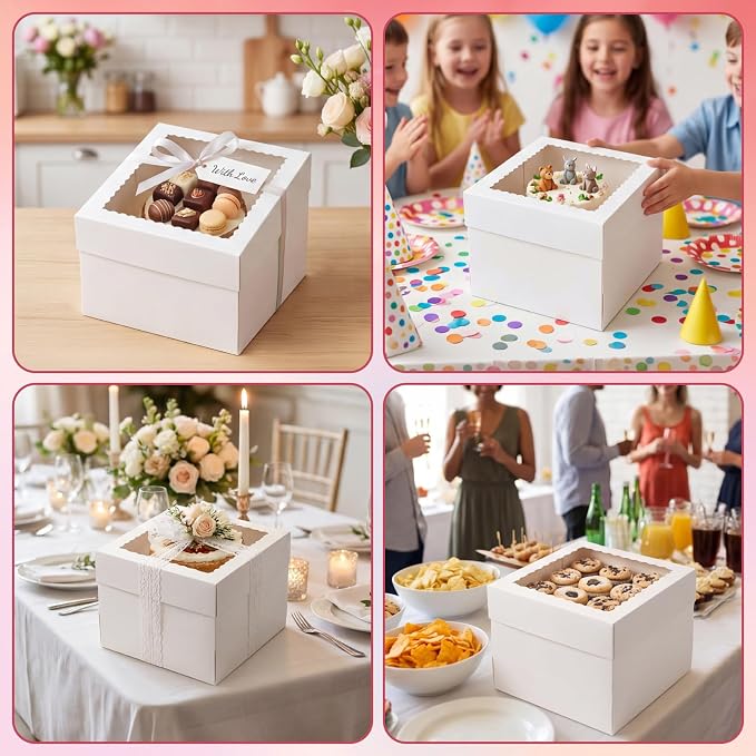 CRUGLA 15 Pack 10x10x8 Cake Boxes with Cake Boards, White Bakery Window Boxes, Tall Dessert Carrier for Birthdays, Weddings & Bake Sales