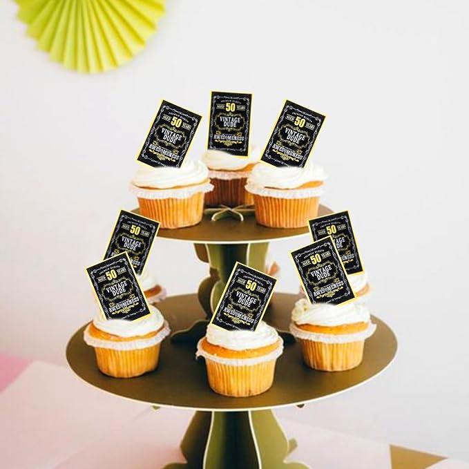 40Pcs Edible Rectangle 50th Birthday Card Cupcake Toppers Edible Black 50 Vintage Dude Awesomeness Cupcake Picks Drink Toppers for 50th Vintage Birthday Anniversary Party Decorations