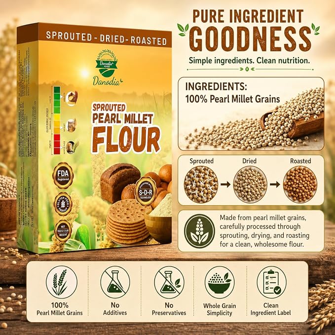 Danodia Foods Organic Sprouted Bajra Pearl Millet Flour, 2 lb Pack | Roasted bajra atta for roti, bhakri, porridge, flatbread and baking; Gluten-Free; US pantry staple; Indian pantry recipes