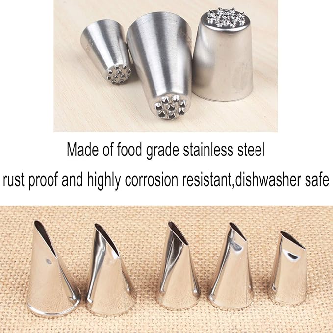 7 Pieces Large Piping Tips Set, 3Pieces Russian Grass Cream Tips DIY Decor Baking Tool and 7 Pieces leaf Stainless Steel Piping Nozzles Kit(17 Pieces)