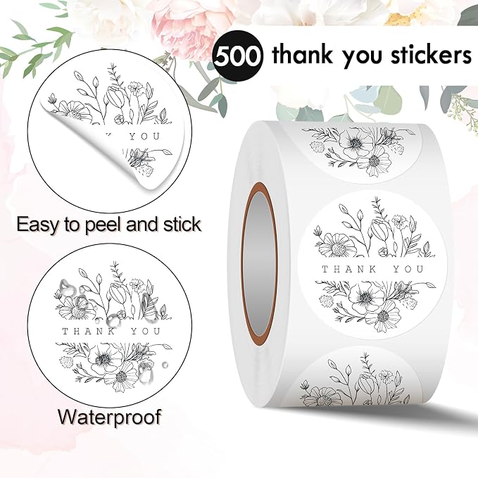 Heyfibro 500 PCS 1.5 Inch Thank You Stickers for Small Business, Baking, Gifts, Envelopes, Weddings (Line Flowers 2)