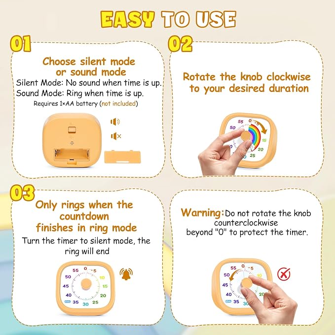 HIPPIH Visual Timer for Kids - 60 Minute Pomodoro Timers for Classroom Kitchen Office, Countdown Kids Timer Clock with Rainbow Disk, Desk Time Management Tool for Toddler with Silent Operation