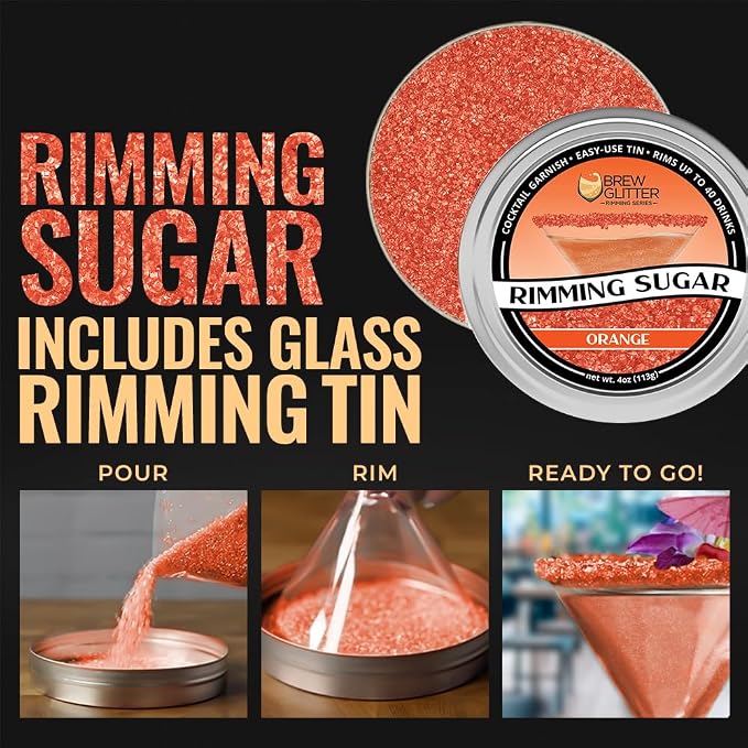 Brew Glitter - Orange Rimming Sugar (4oz, 1x Bar Tin) Cocktail Garnish for Mixed Drinks & Refreshments
