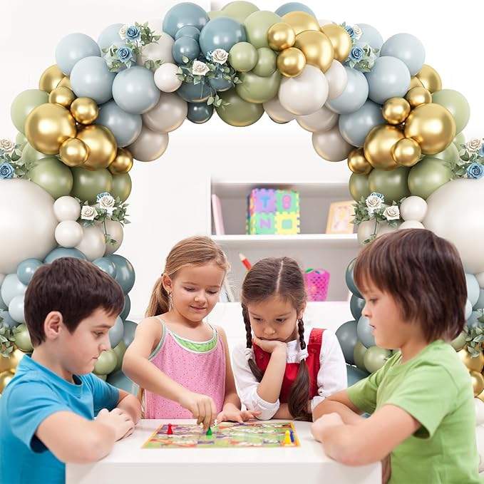 Dusty Blue Green Balloon Garland Kit, Slate Blue Haze Fog Blue Sage Green Beige Gold Balloon Arch Kit, Pastel Olive Green Retro Blue Balloons Arch for Birthday Boho Bridal Shower Wedding Decorations