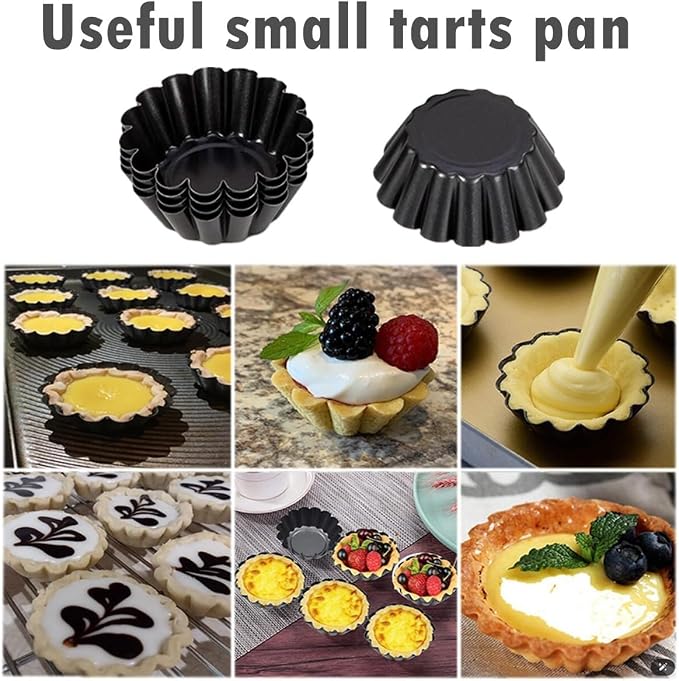12-Pack 2.5 Inch Nonstick Mini Tart Pans Fluted Side for Pies Pan Round Deep Quiche Mold Heavy Duty Carbon Steel Baking Cupcake Egg Tarts Mousse Cakes Fruit and Desserts Molds for Oven