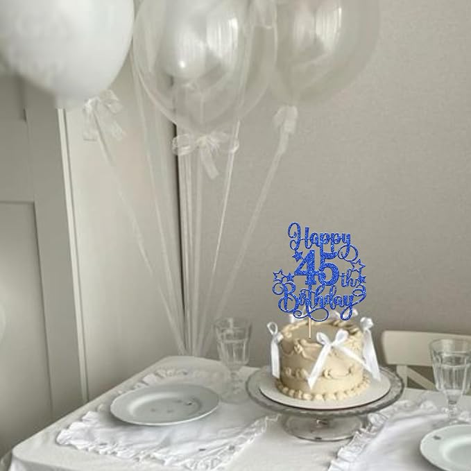 1 PCS Happy 45th Birthday Cake Topper Glitter Cheers to 45 Years Birthday Cake Pick Hello 45 Fabulous Cake Decoration for Happy 45th Birthday Anniversary Party Decorations Supplies Blue
