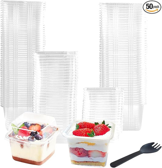 100 Pack 8OZ Plastic 50Pcs Square Dessert Cups with Lids and 50Pcs Spoons,Square Ice Cream Container with Forks, Disposable Parfait Cups for Mousse Cupcake Pudding Snacks Yogurt Parfait Fruits（50Sets）