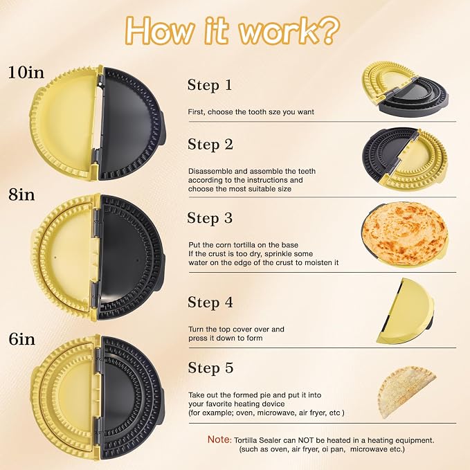 Tortilla Crimper and Sealer, 3-in-1 Multi-Size Pastry Crimper for Pie Crust, Empanada, Quesadilla, Tacos, Hand Pie Maker - 10”, 8”, 6” Molds | BPA-Free, Detachable, Dishwasher Safe Kitchen Gadget