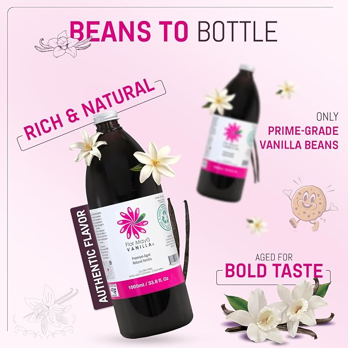 Flor Maya Vanilla Extract – Premium Aged Blend Made with Mexican Vanilla Beans | Gourmet Vanilla Bean Extract for Baking, Cooking & Desserts | Gluten Free, Non-GMO, No Coumarin | 33.8 fl oz