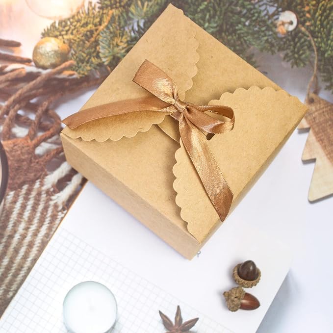 WEWILUCK Brown Box for Presents, 10 Pack Small Empty Kraft Paper Gift Boxes with Ribbon For Packaging Candy, Cookie, Chocolate, Craft, Candle, Small Gifts, 4.75” x 4.75” x 3.53”