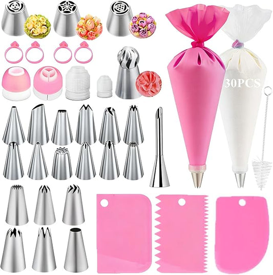 66Pcs Piping Bags and Tips Set, Cake Decorating Tools Supplies, Stainless Steel frosting tips with Reusable Pastry Bag, Cake Decorating Tips Set for DIY Pastry Dough, Cookie, Cupcake, Cake (Pink)