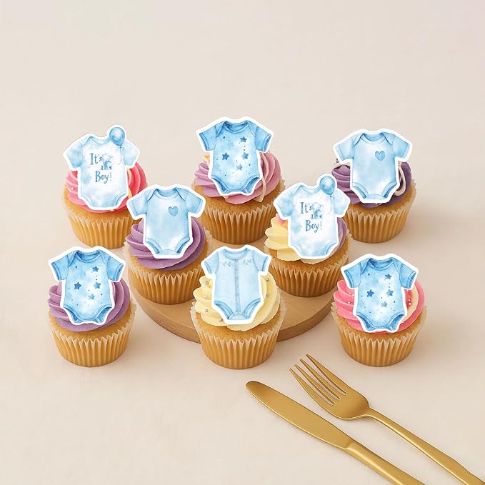 60 PCS Edible Blue Bodysuit Cupcake Toppers Jumsuits Gingham Theme Cupcake Picks Edible It's a Boy Baby Shower Decorations for Boys Birthday Baby Shower Gender Reveal Party Cake Decorations Supplies