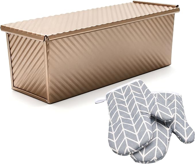 pullman loaf pan with lid - Rectangle bread pans for homemade bread - 2.2Lb Non-Stick loaf baking pans - Carbon Steel Toast Box with Oven Mitts