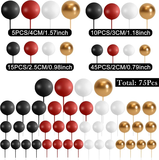 75 Pieces Cake Balls Topper Decorations Foam Cupcake Topper Mini Balloon Cake Topper Picks for Deco Birthday Party Wedding（Black, Red, Gold, White）