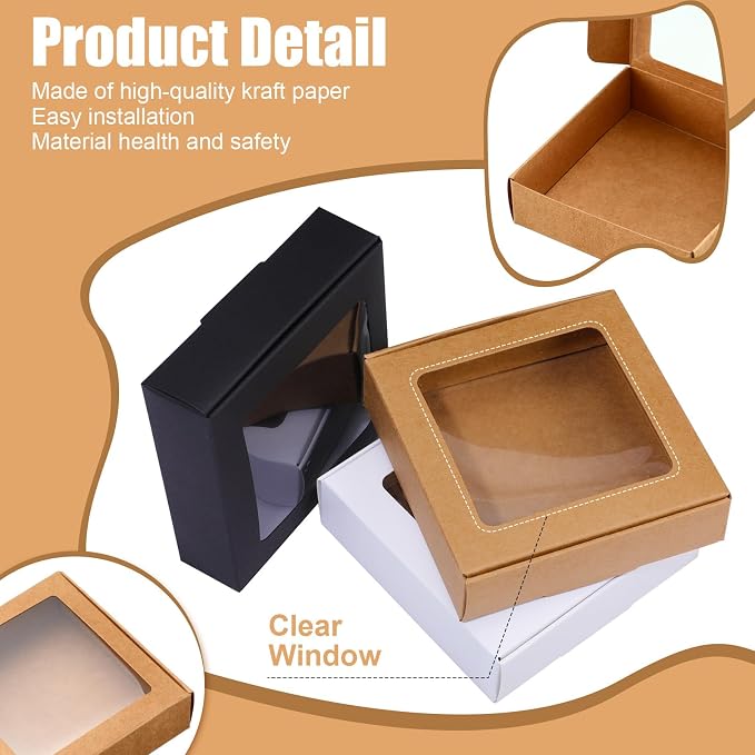 Zonon 30 Pcs Kraft Paper Boxes with Window 4.13 x 4.13 x 1.18 Inch Candy Packaging, Small Gift Boxes, Soap holder, Mini Treat Packaging for Bakery Chocolate Jewelry Display (Brown,Black,White)