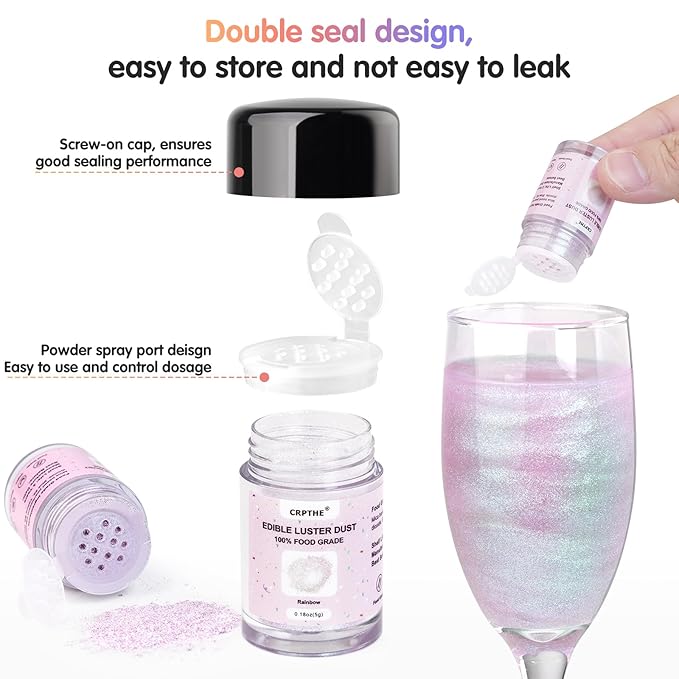 CRPTHE 6 Colors Luster Dust Edible Set, Edible Glitter for Drinks, Food Grade Glitter Shimmer Sprinkle Powder for Cocktails, Baking, Beverages, Cakes, Strawberries, Cookies, Fondant, Vegan(5g/Bottle)