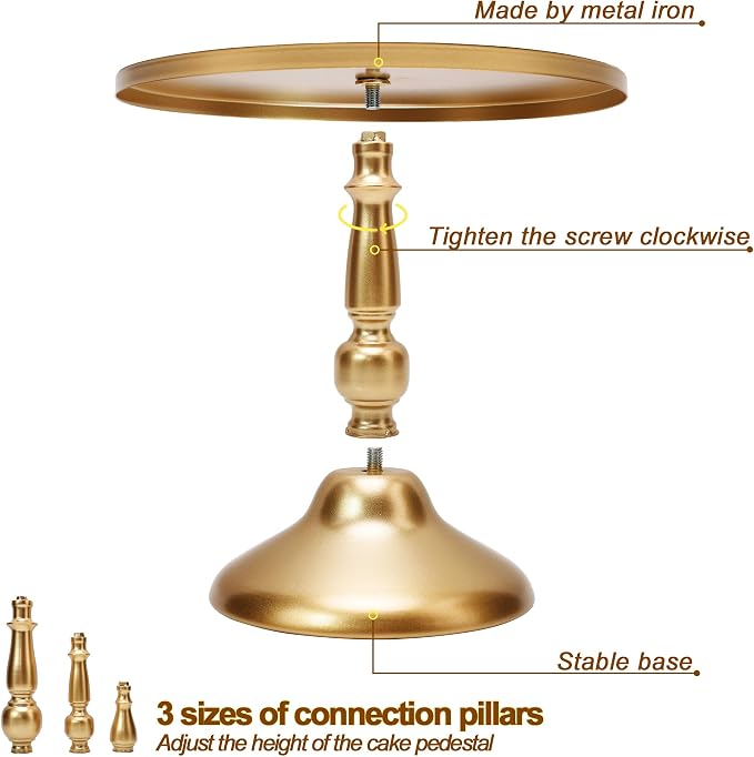 Set of 3 Gold Cake Stands, Metal Round Cake Holder Dessert Pie Pizza Display Stand 8" 10" 12" Serving Tray Decoration for Wedding Celebration Party Birthday Baby Shower
