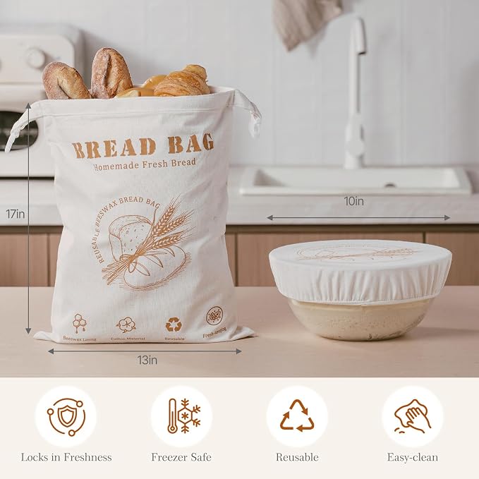 Beeswax Bread Bag, Sourdough Bread Bags for Homemade Bread, 17 * 13in Bees wax Wraps Reusable With Freshness Lock Zipper, Keep Bread Fresh for Longer (Caramel loaf)