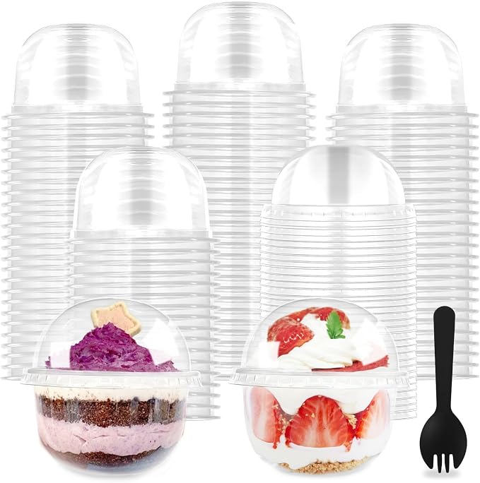 100 PCS 9 OZ Clear Dessert Cups with Dome Lids,Disposable Parfait Cups,No Hole Ice Cream Cups with Sporks for Dips and Veggies,Cupcake,Parfait,Pudding,Iced Cold Drinks,Snacks,Fruits,Bakeries,Ice Cream