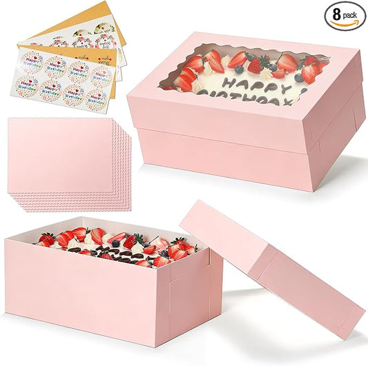 COTOPHER 14x10x6 In Sheet Cake Boxes, 16 Pcs Pink Bakery Boxes with Large Window (8 Boxes & 8 Boards), Cake Containers for Quarter Cakes, Donuts, Cupcakes, Brownie, Pastry & Pies Packaging