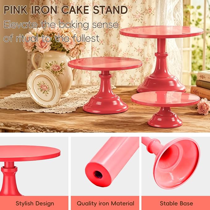 Three-piece Cake Stand Set, Metal Round Trays, 8-inch, 10-inch, and 12-inch, for Dessert Table displays; Perfect for Christmas, Thanksgiving, Birthdays, Weddings, and Other Celebrations(Red)