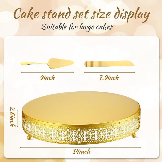 Wenqik 14 Inch Gold Cake Stand Set Metal Round Cupcake Dessert Wedding Cake Stand with Cutting & Spatula Cookies Display Holder Fruit Serving Tray for Table Wedding Birthday Anniversary Party