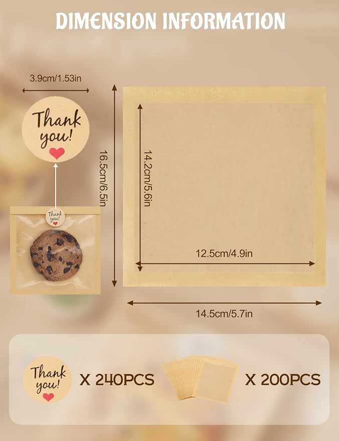 FireKylin 200 Pack Cookie Bags with Heat Sealing, 5.7 x 6.5 Inch Bakery Bags with Window, Grease Resistant Cookie Packing for Treats, Baked Goods, Bagel, Cake Slice, Sandwich (5.7"x6.5"-200pcs)