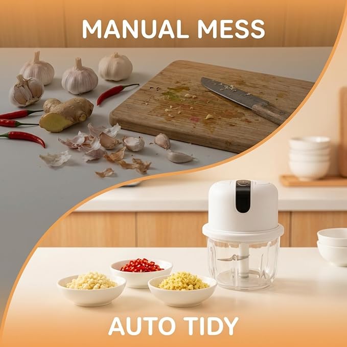 Mini Electric Garlic Chopper, 350ML Glass Bowl Food Processor, USB Rechargeable/Battery Operated Mincer with 3 Stainless Steel Blades for Garlic, Ginger, Chili, Nuts, White