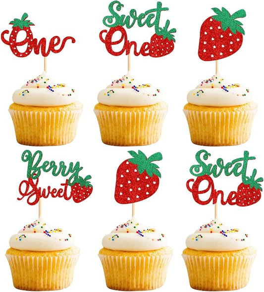 24 Pack Strawberry One Cupcake Toppers Strawberry Sweet One Cupcake Picks for Birthday Wedding Party Baby Shower Summer Garden Party Decoration Supplies Green