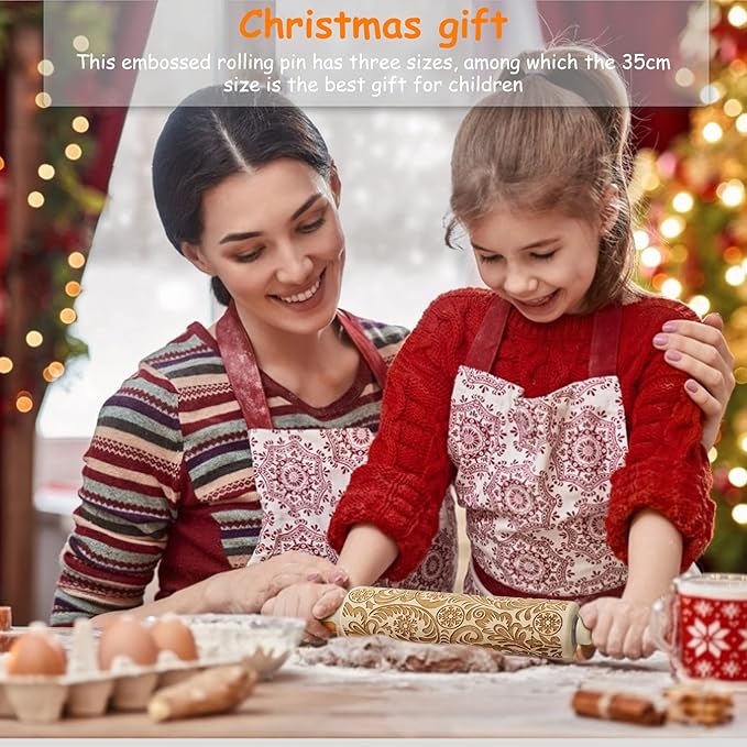 Embossed Rolling Pins Christmas Rolling Pin,3D Paisley Pattern Flower Snowflake Rattan Wooden Roll Pin Laser Engraved Rolling Pin DIY Tool for Kids and Adults to Make Cookie Dough (35 * 5)