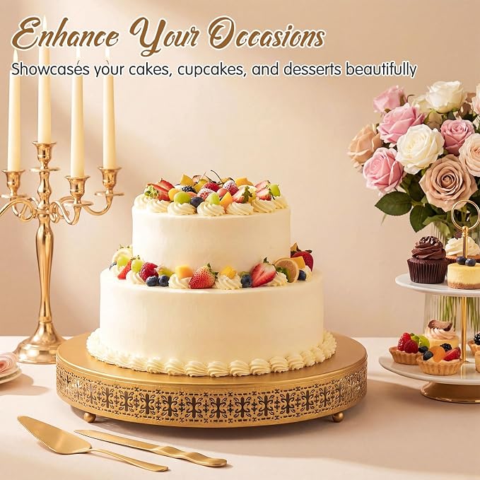 Wenqik Gold Cake Stand 20 Inch Metal Round Cupcake Dessert Wedding Cake Stand with Cutting & Spatula Cookies Display Holder Fruit Serving Tray for Table Wedding Birthday Anniversary Party