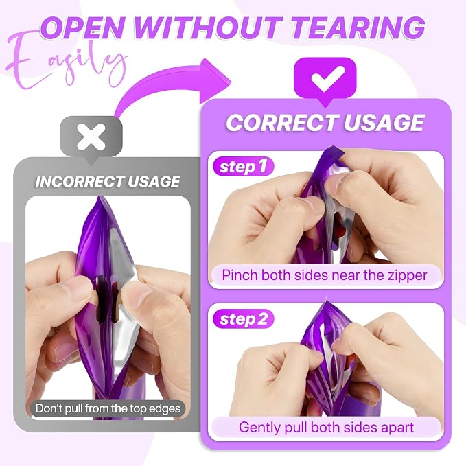 100 PCS Resealable Mylar Bags with Zip and Frosted Clear Window Smell Proof Packaging Bag Foil Pouch Zipper Bag for Food Self Sealing Storage Supplies (Purple, 5.12x8.27)