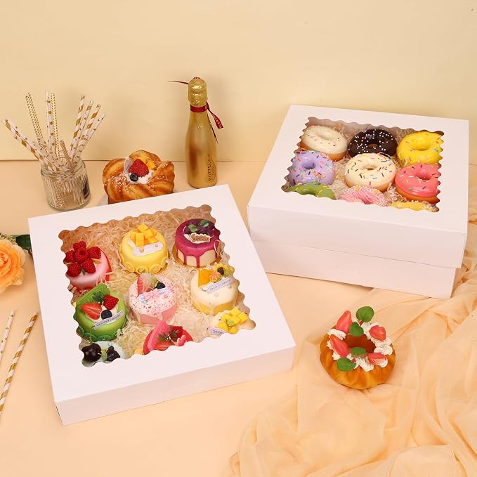 Moretoes 5pcs Pie Boxes, 12x12x2.5 White Bakery Boxes, Auto-Popup Cookie Boxes for Pies, Dessert Boxes Treat Boxes for Pizza, Strawberries, Chocolate, Pastries, Donuts, Graduation Celebration