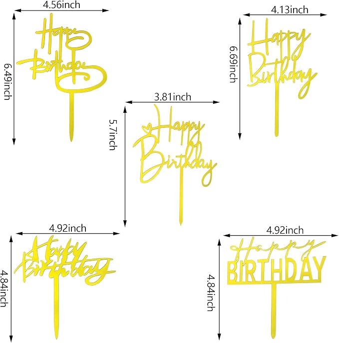 10 PCS Gold Happy Birthday Cake Topper Acrylic Cupcake Topper Birthday Supplies Decorations